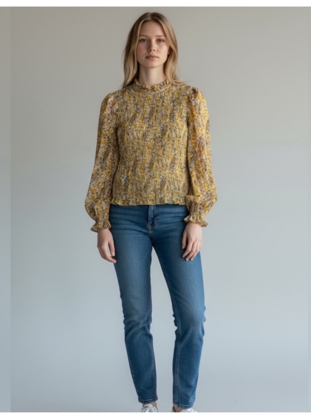 Joie mustard yellow paisley print smocked bodice long sleeve blouse top medium